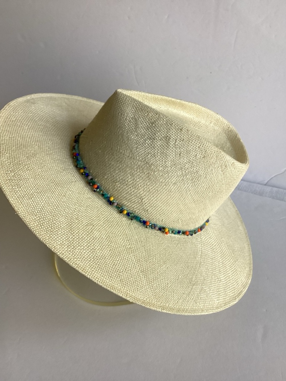 Eugenia Kim Wide Brim Straw Fedora Hat Beaded Band Resort Coastal Chic - Picture 14 of 15